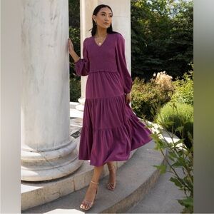 Bohme Smocked Tiered Midi Dress Fuchsia purple coquette Cottagecore flowy M